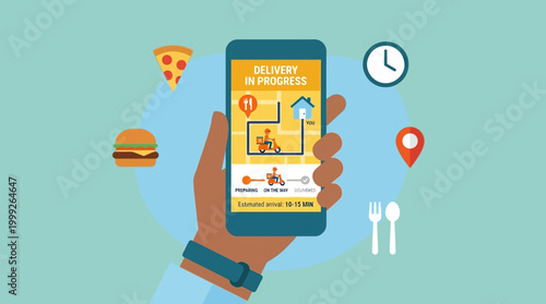 Hand holding smartphone with food delivery app.