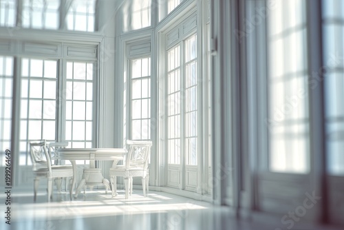 Elegant sunlit room with ornate furniture and large windows