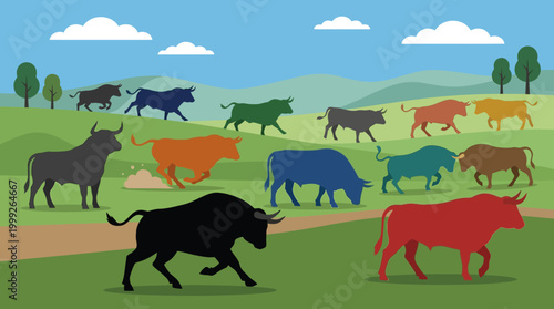 Colorful illustration of cattle grazing peacefully.