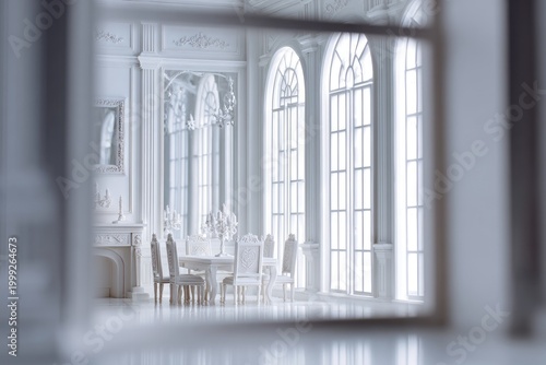 Ornate, monochromatic dining room with antique table, chairs, and large arched windows