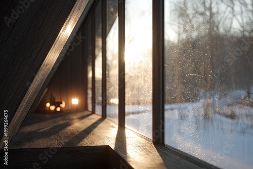 Sunlit interior, geometric shapes, window frames, snowy landscape, winter light