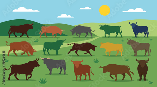 Colorful illustration of cows grazing peacefully.