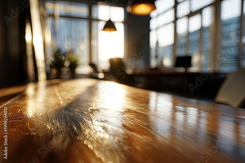 Sunlit wooden surface in office with large windows and warm lighting