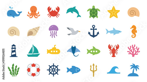 Colorful sea ocean beach icons set.