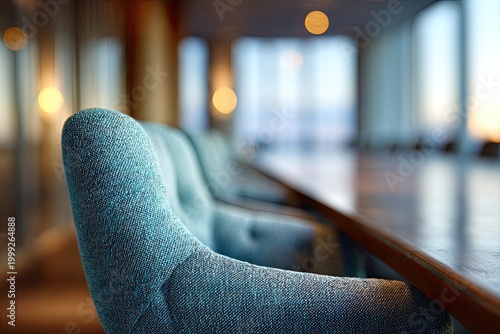 Softly lit conference room with plush chairs and reflective table