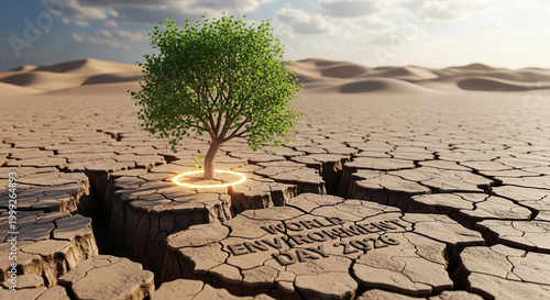 Hope, resilience, desert landscape, cracked earth, green tree, climate change concept