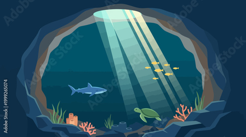 Underwater scene with sea creatures and coral.