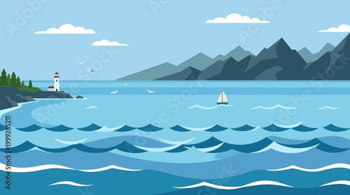 Serene ocean view with lighthouse and sailboat.