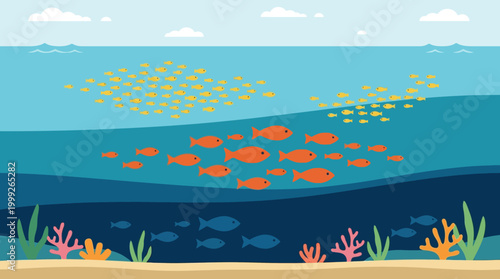 Vibrant coral reef with schools of fish.