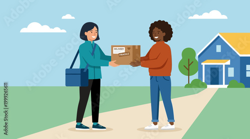 Two people exchanging a package on a sidewalk.