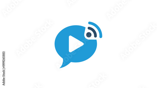 Blue Speech Bubble with Play Button Symbol.