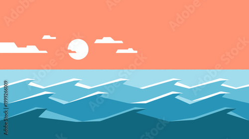 Illustration of serene ocean waves at sunset.