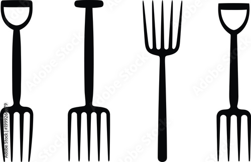 Agricultural tool icon set isolated on transparent background, garden fork and farming equipment collection for farm work