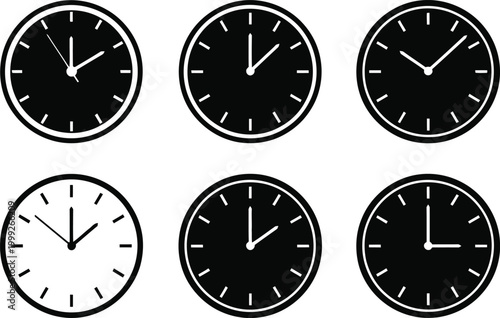 Round clock face icon set isolated on transparent background, analog time display and minimalist watch dial collection