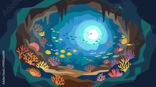 Vibrant underwater scene with coral reef.