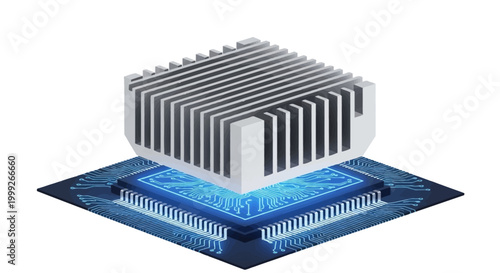 A metallic heatsink cooling a glowing blue computer chip with intricate circuitry.