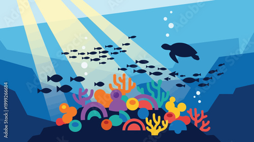 Vibrant coral reef with sea turtle and fish.