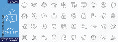 Lock icon set. Containing padlock, security, unlock, lock document, secured, biometric, chain, protect, secure, Etc. Fully Editable. Vector illustration.
