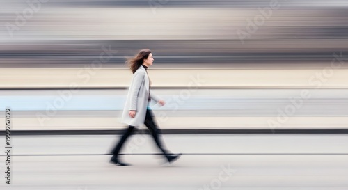 Woman walking with motion blur effect in a neutral environment