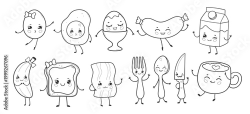 Vector illustration of cute breakfast set with food and kitchen items. Black and white line art for coloring page.