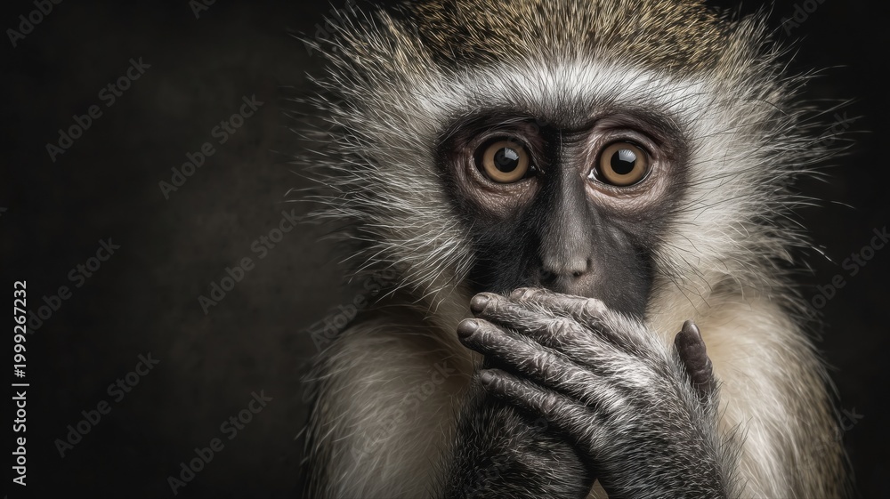 Fototapeta premium サルが両手で口を覆っている様子。動物や野生生物の表情を伝える素材