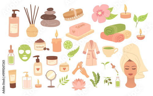 Vector spa set with skincare products, natural ingredients and beauty tools. Flat illustration with self care elements.