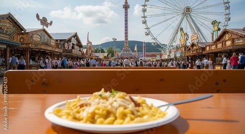 Plate of german spaetzle served at outdoor festival fairground