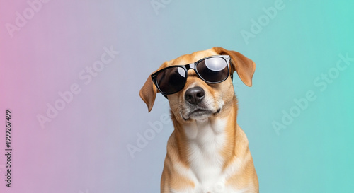 Funny dog in sunglasses, cool canine, pet portrait, colorful background
