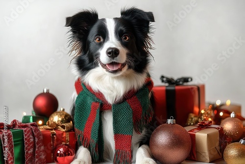 joyful black and white dog wearing a red and green knit scarf surrounded by wrapped gifts and glittering holiday ornaments