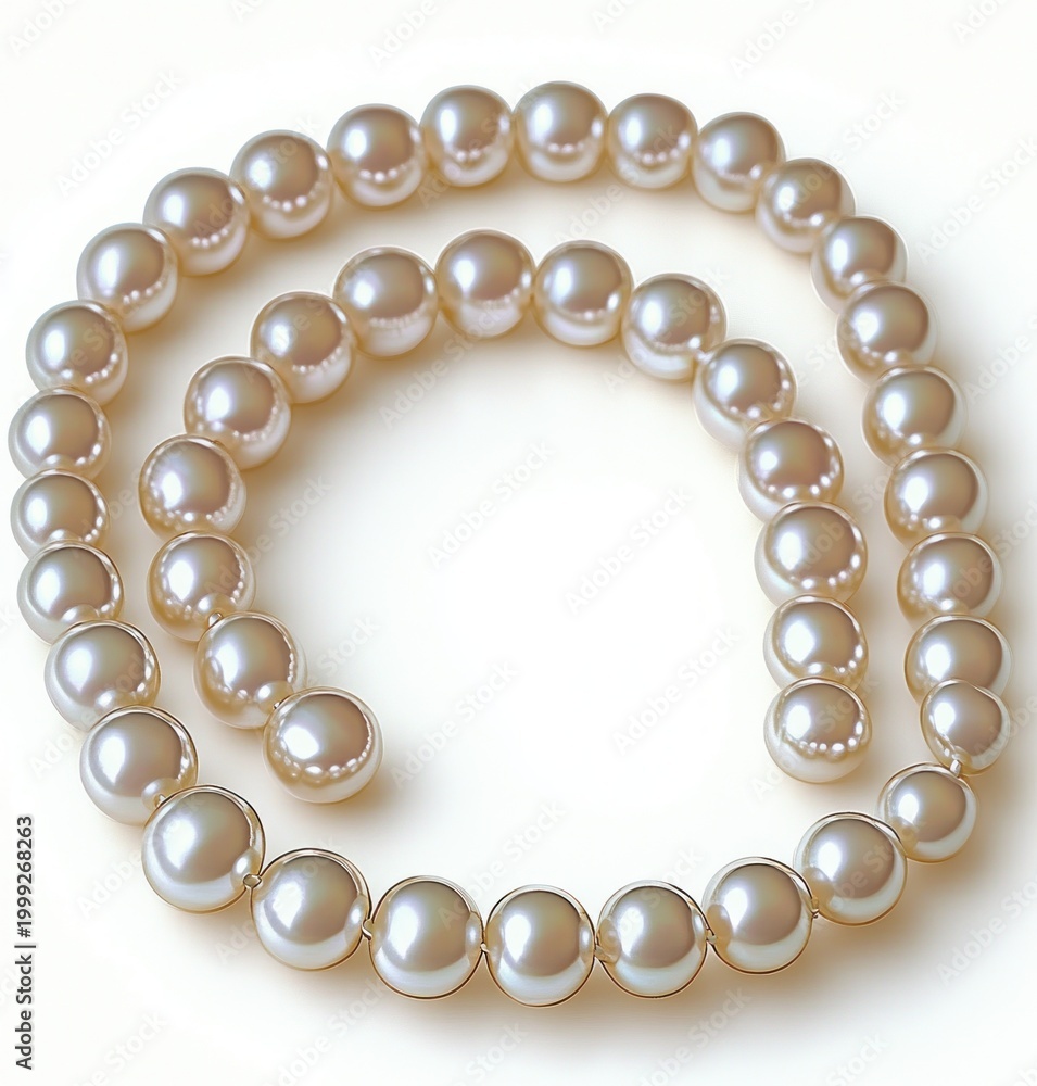 Fototapeta premium lustrous cream pearl necklace coiled on white surface evoking timeless elegance and refined luxury