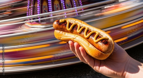 Grilled hot dog with mustard held at a carnival