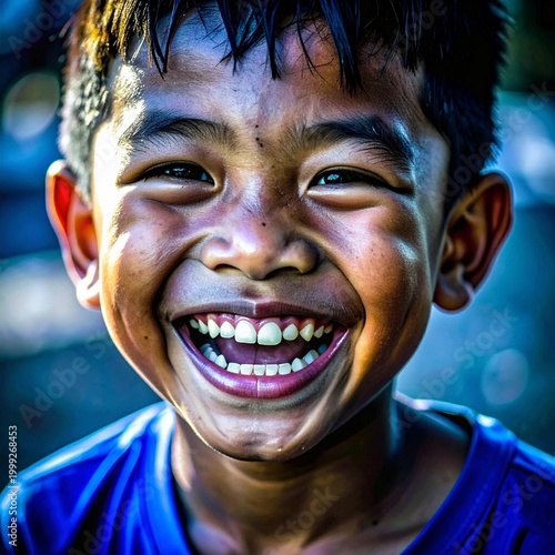close up image of a young asian boy laughing as sunlight hits his face