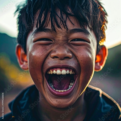 close up image of a young asian boy laughing as sunlight hits his face