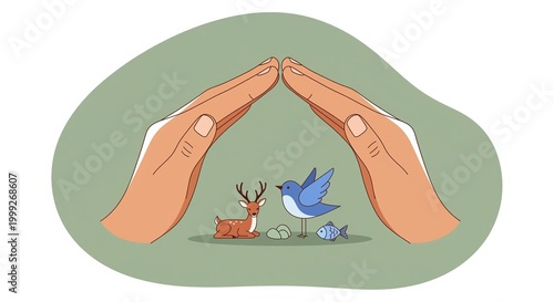 Hands protecting diverse wild animals in nature illustration