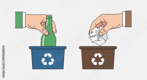 Hands sorting glass and paper waste into recycling bins