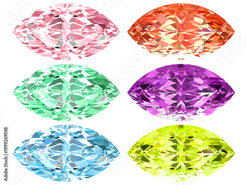 Six Multi-Colored Marquise-Cut Gemstones - Stock Asset, A grid of six different colored, faceted marquise-cut gems (pink, orange, green, purple, blue, yellow) isolated on black. Perfect for jewelry 