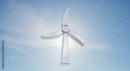 Metallic wind turbine icon standing against clear blue sky