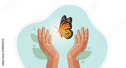 Monarch butterfly flying above open human hands