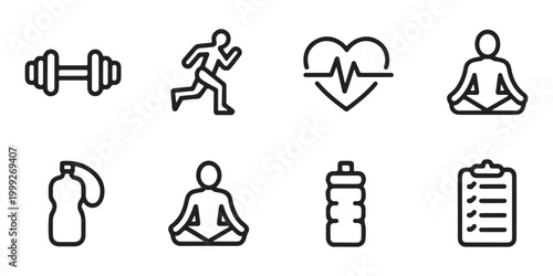 Modern Fitness and Healthy Living Outline Icon Collection