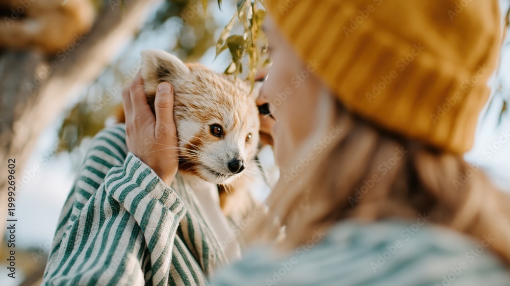 Fototapeta premium A serene moment captured as a person lovingly holds a pet fox, showcasing the beauty of human-animal relationships and the joy of companionship in natural surroundings.