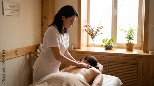 Massage therapist giving a relaxing massage to a woman on a spa bed