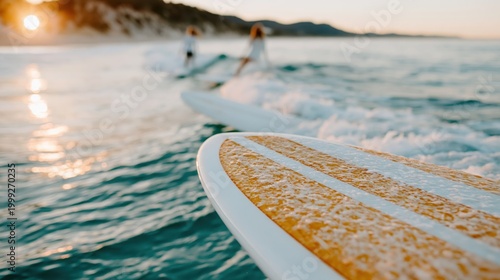 Two surfers enjoy riding the waves during a vibrant sunset, showcasing the thrill of water sports and the beauty of nature in a stunning coastal setting.