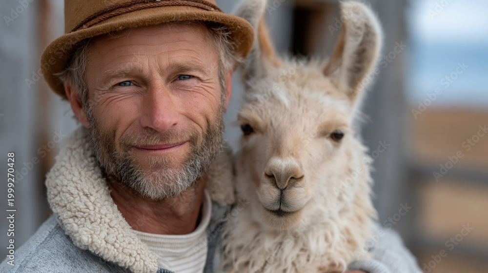 Naklejka premium A joyful man holds a fluffy llama against a rustic backdrop, showcasing a warm connection between humans and animals, emphasizing the beauty of rural life and companionship.