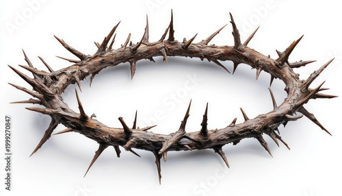 circular wreath of dry thorny branches with long sharp spikes on white background, austere and painful mood