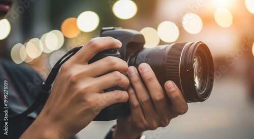 Close-up of hands holding camera, photography equipment, digital camera, photography hobby