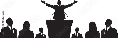 Business Leader Speaking at Podium — Public Speaker Silhouette with Audience Vector Illustration