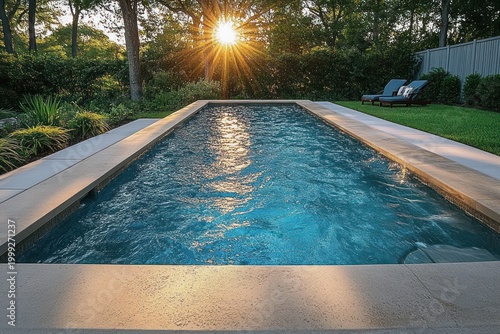 rectangular backyard swimming pool with shimmering blue water and sunburst sunset reflecting on ripples, surrounded by trees, lawn and lounge chairs conveying a serene tranquil mood