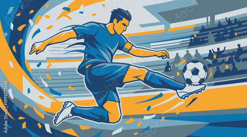 Vector soccer player kicking ball with dynamic confetti in crowded stadium arena illustration
