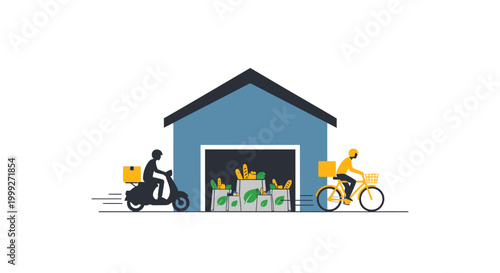 Delivery riders on scooter and bicycle.