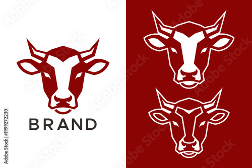 Modern Geometric Red Bull Cow Head Logo Vector Template Minimalist Mascot Brand Identity